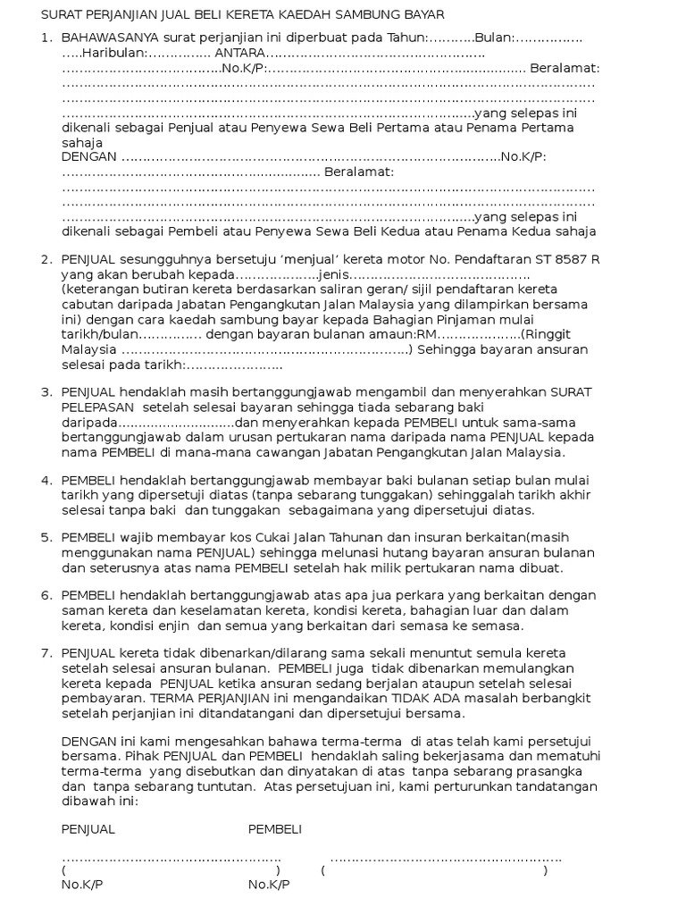 Surat Perjanjian Jual Beli Kereta Kaedah Sambung Bayar Pdf