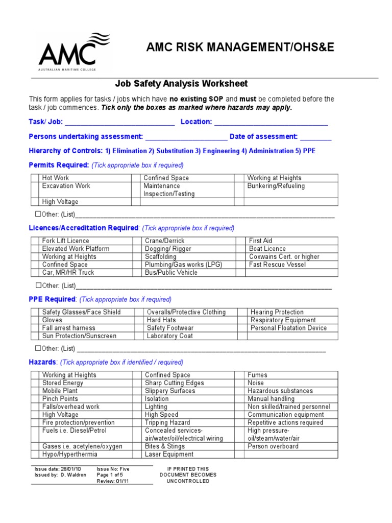 Job Safety Analysis Worksheet PDF Personal Protective Equipment