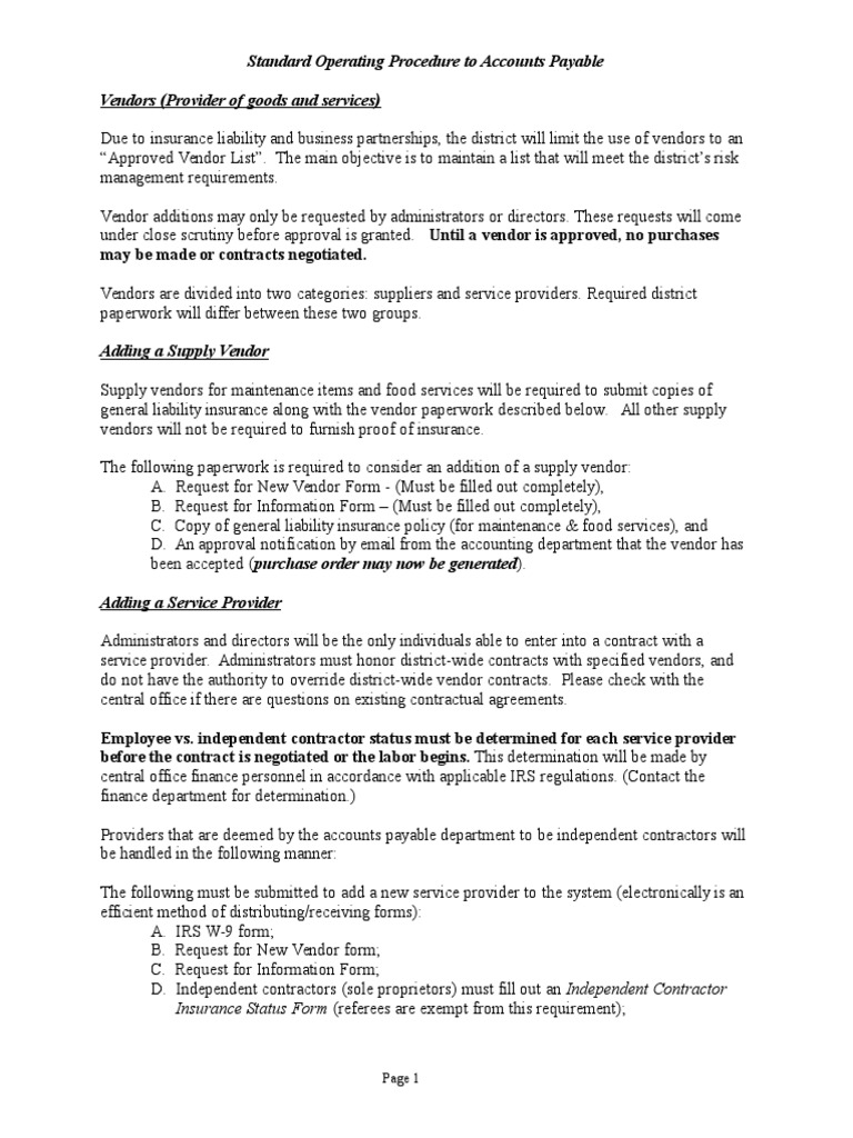 Standard Operating Procedure for Accounts Payable Vendors | PDF ...