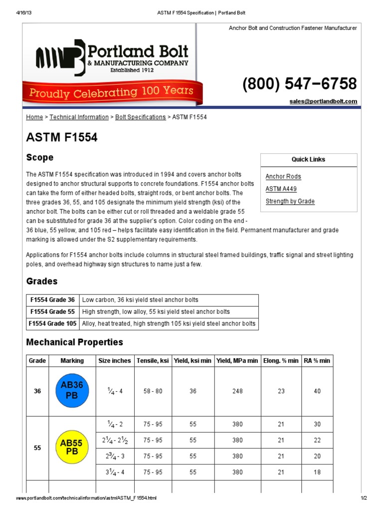 ASTM F1554 Specification Portland Bolt PDF Screw Civil Engineering