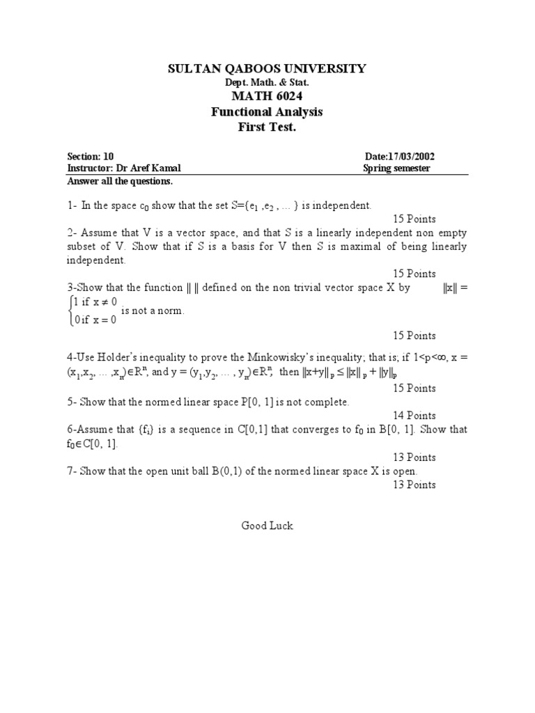 Functional Analysis Test Solutions | PDF | Basis (Linear Algebra ...