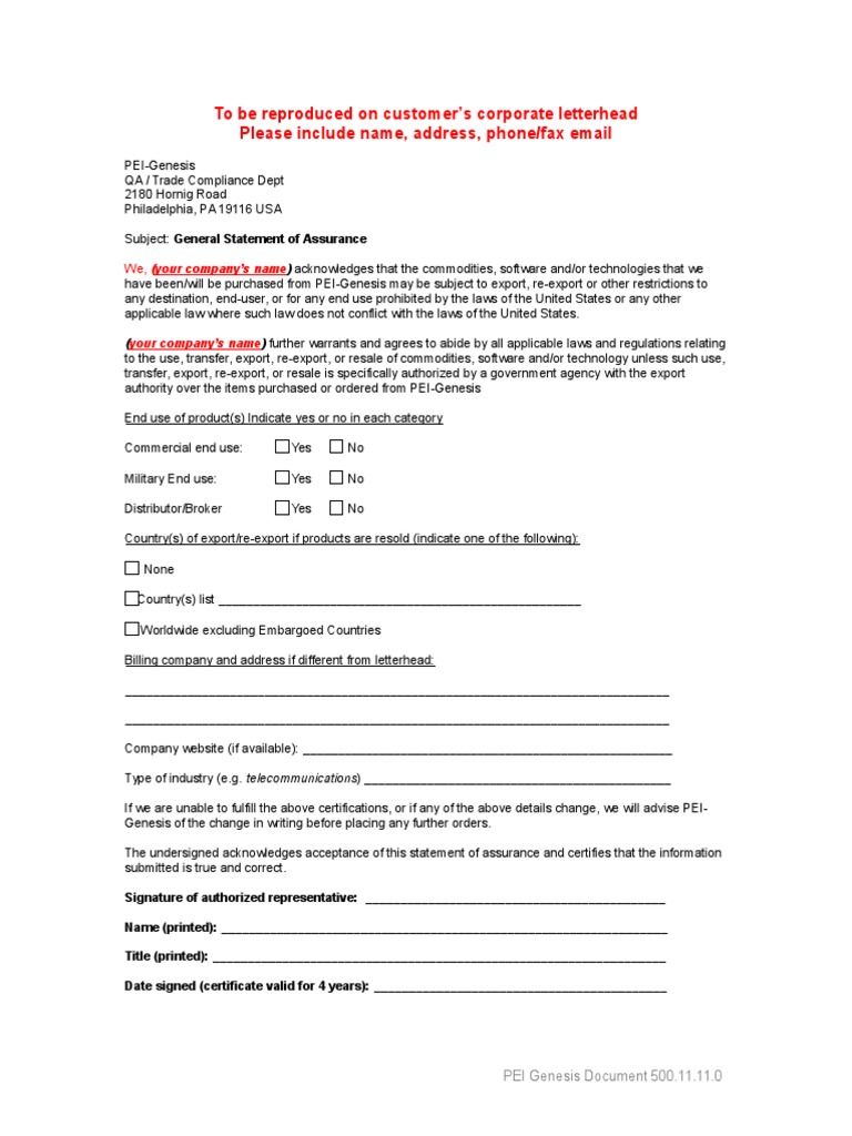 ITAR Compliance Assurance Statement | PDF