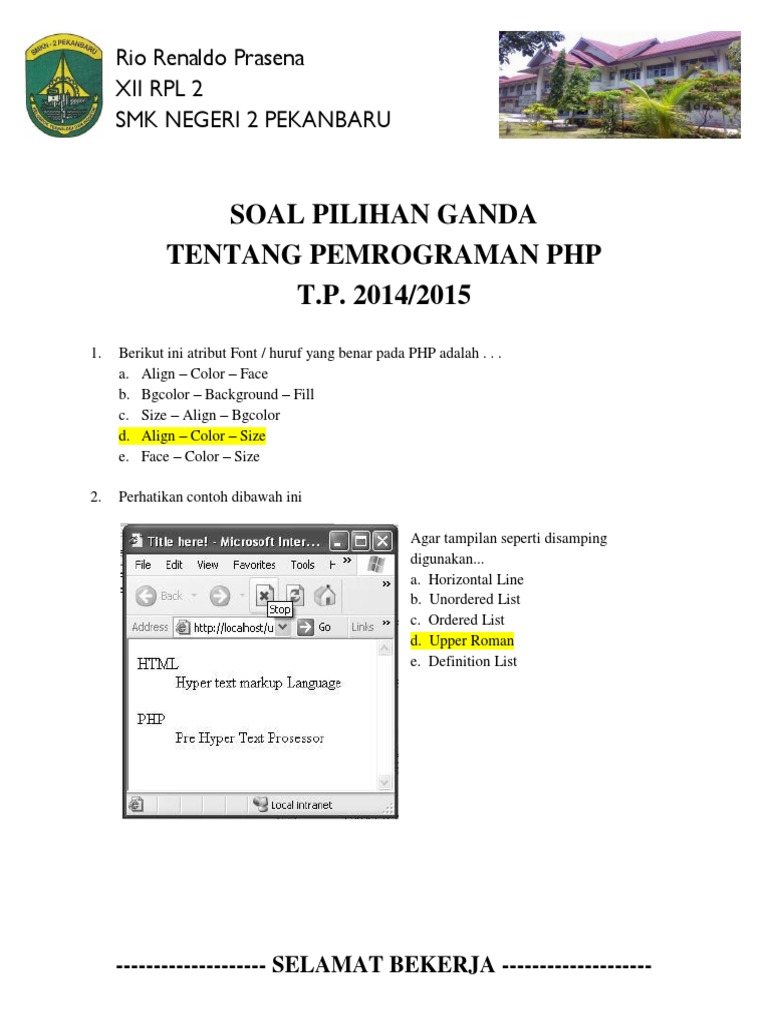 Soal Pilihan Ganda Pemrograman PHP | PDF | Komputer