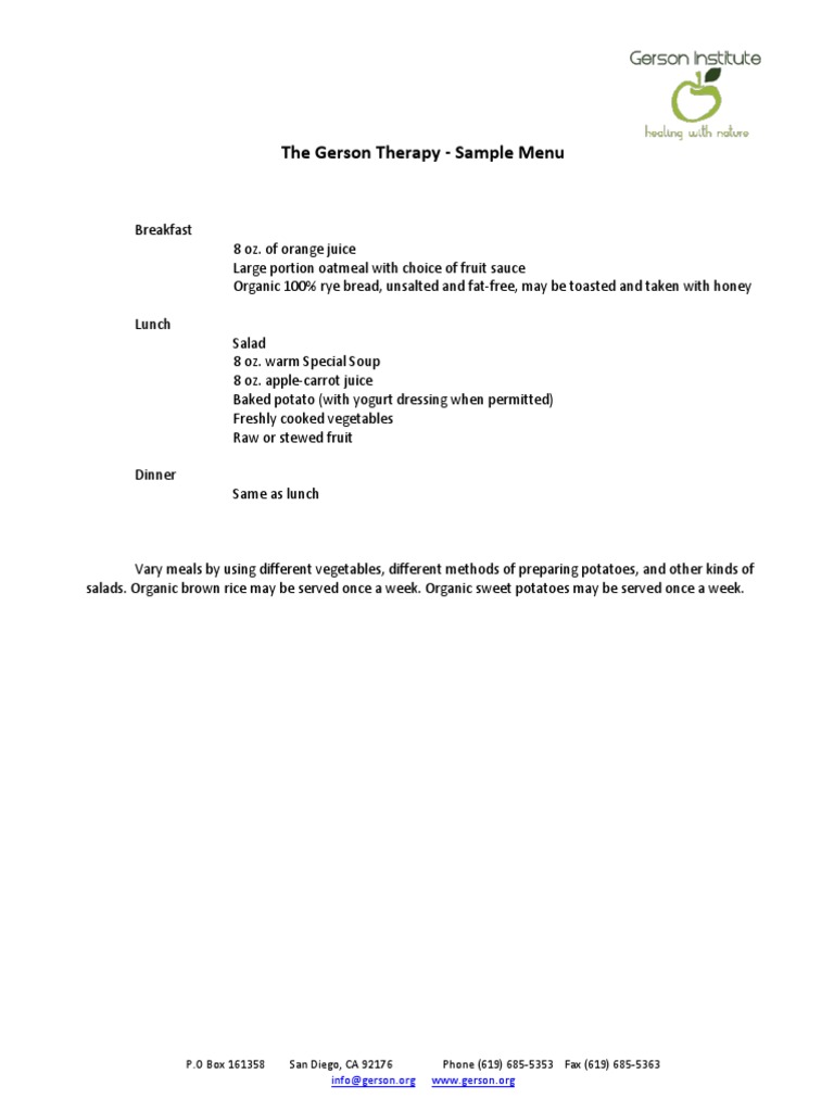 Sample Menu for the Gerson Therapy