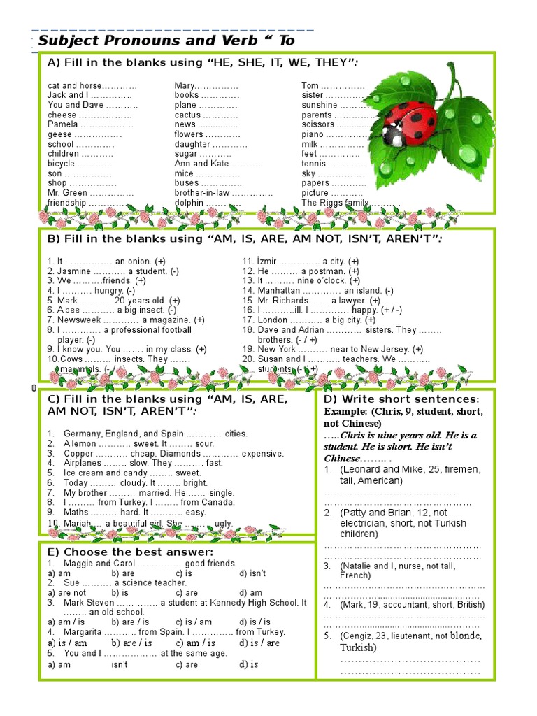Subject Pronouns and Verb "To Be" Exercises | PDF | Games & Activities ...