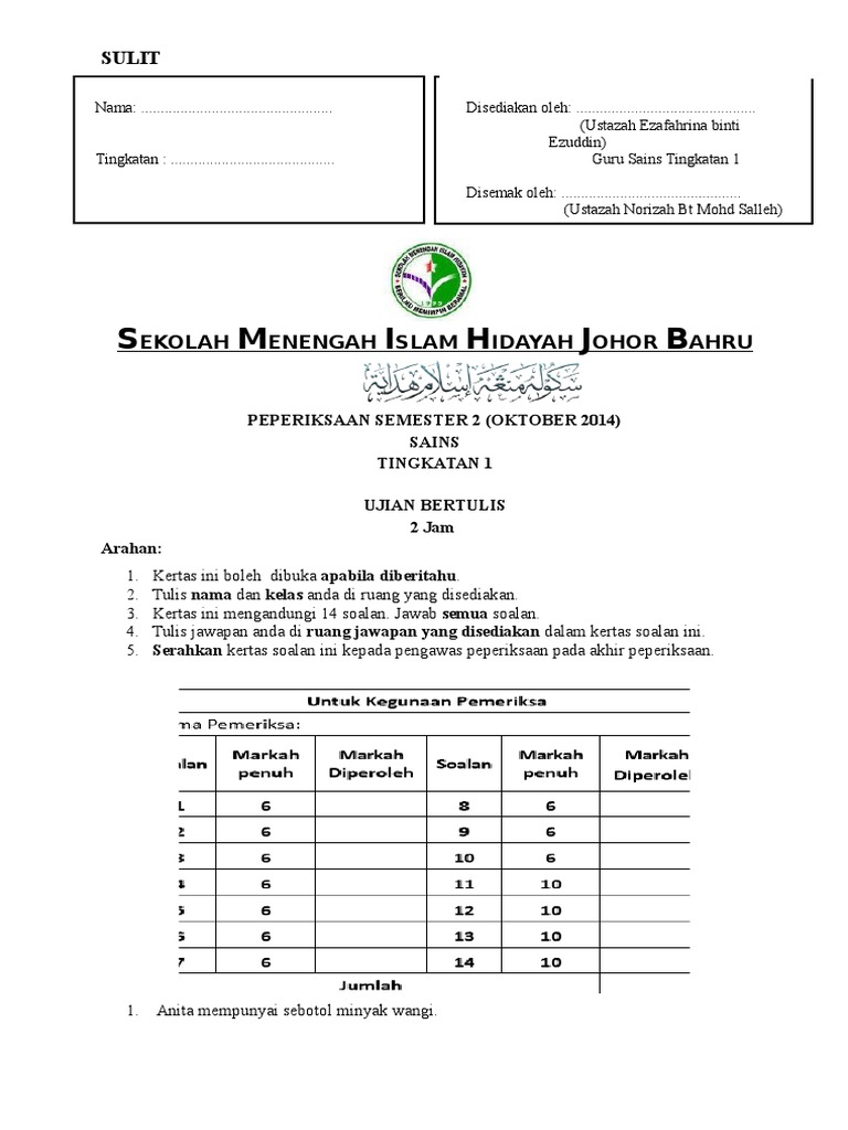 PS 2 Sains tingkatan 1