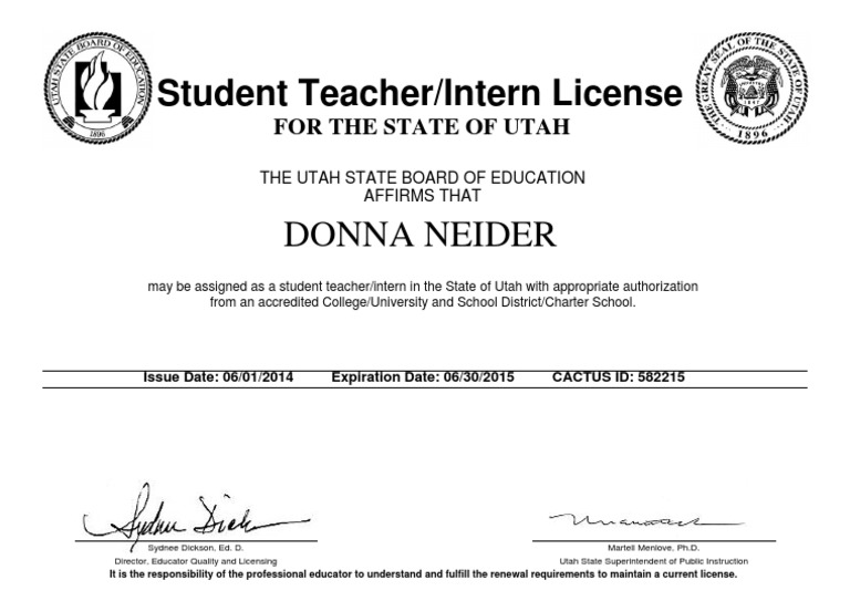 Utah Student Teacher License 2014 | PDF | Career & Growth | Self ...