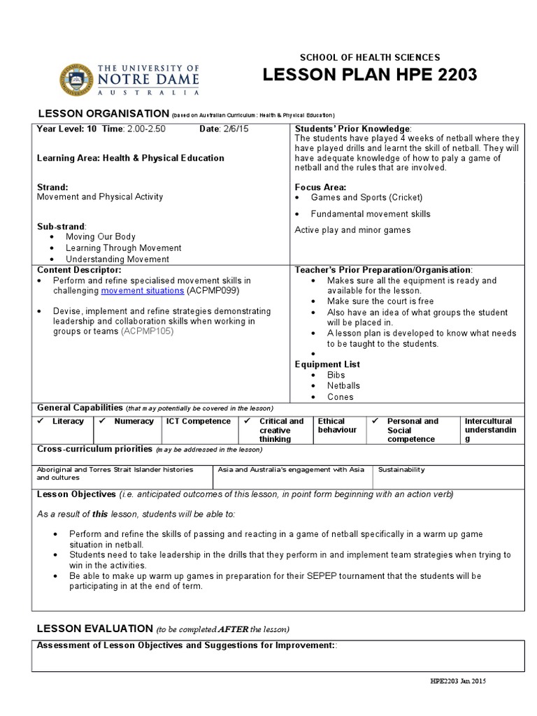 year 9 netball week 4 Physical Education Lesson Plan