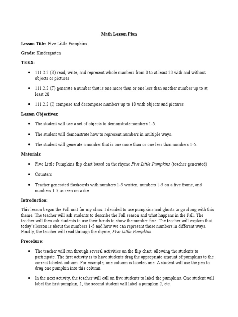 Kindergarten Five Little Pumpkins Lesson Lesson Plan Education Theory