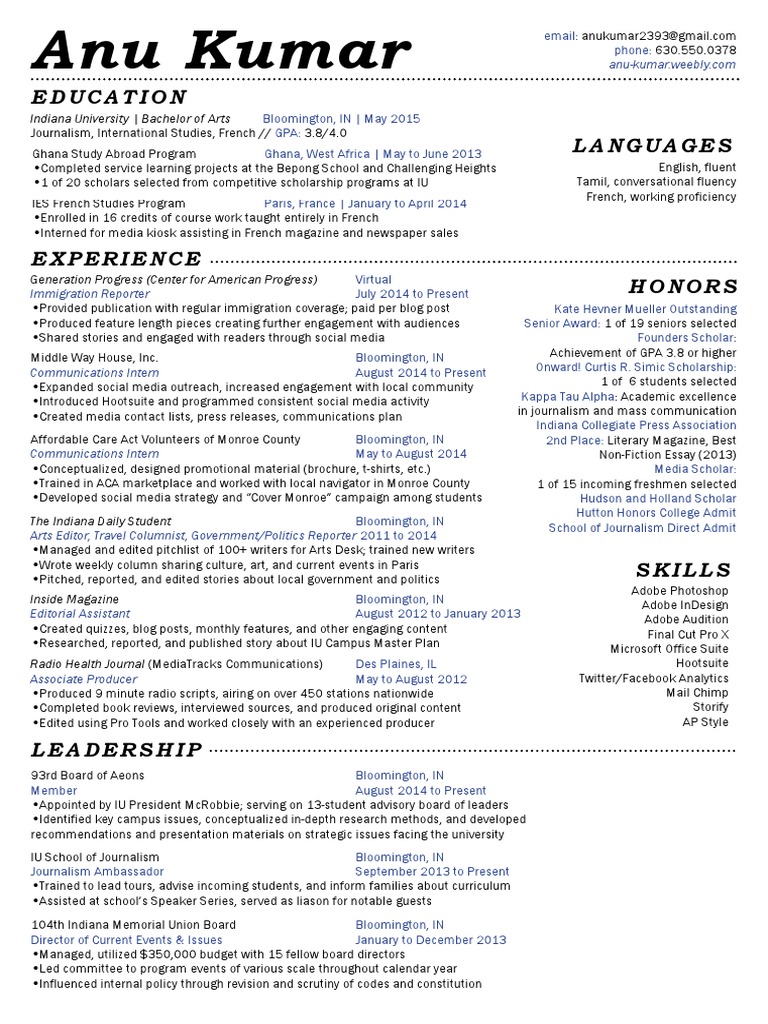 Anu Kumar: Journalism & Media Resume | PDF | Indiana University ...