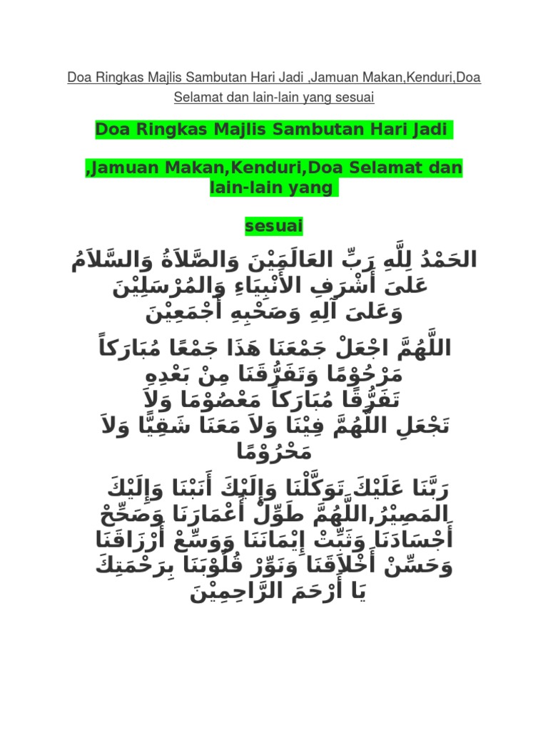 Doa Ringkas Majlis Hari Jadi Pdf