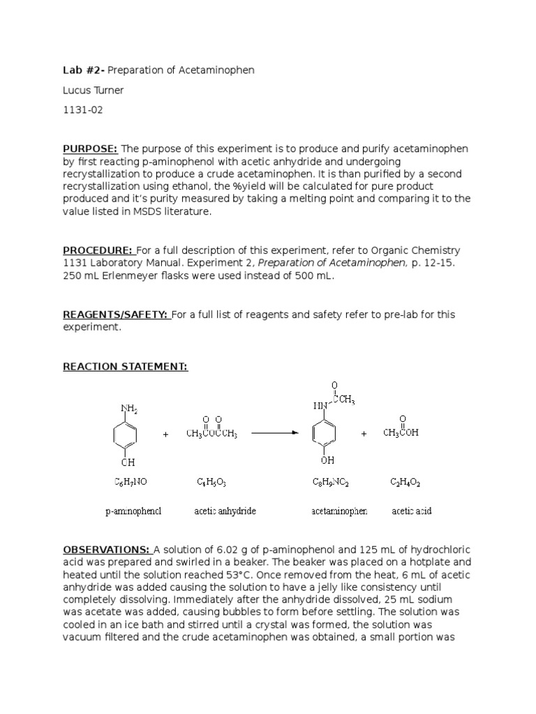 Lab 2 Preparation of Acetaminophen PDF Mole (Unit) Chemical