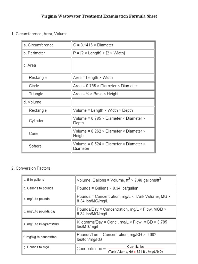 Virginia Wastewater Treatment Examination Formula Sheet Physical