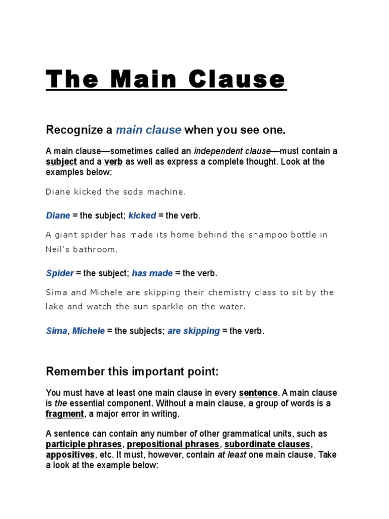 The main clause docx phrase verb