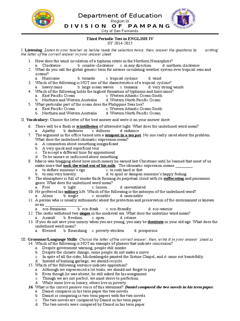 English 4th Yr With Answer Key | PDF | Tropical Cyclones | Mucus