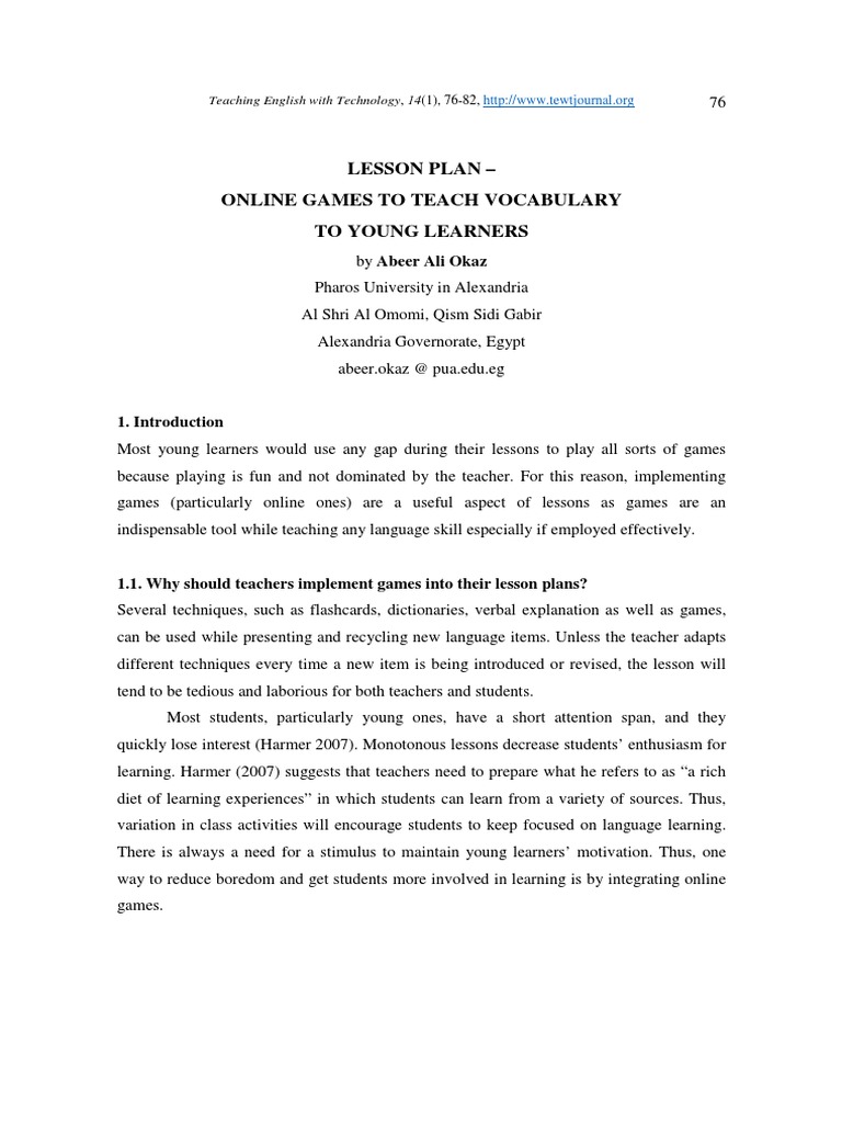 Online Games for Teaching Vocabulary | PDF | Lesson Plan | Vocabulary