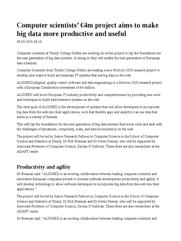 Trinity's €4M Big Data Project ALIGNED | PDF | Big Data | Data Science
