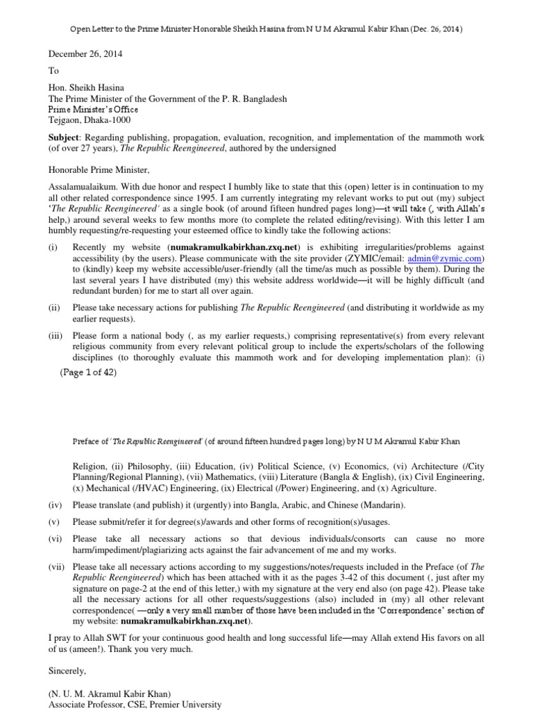 Open Letter To Prime Minister Sheikh Hasina Preface The Republic