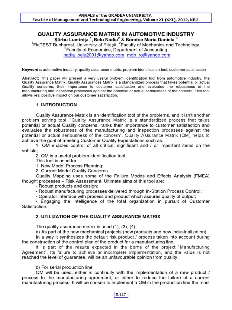Automotive Quality Assurance Matrix Guide | PDF | Quality Assurance ...
