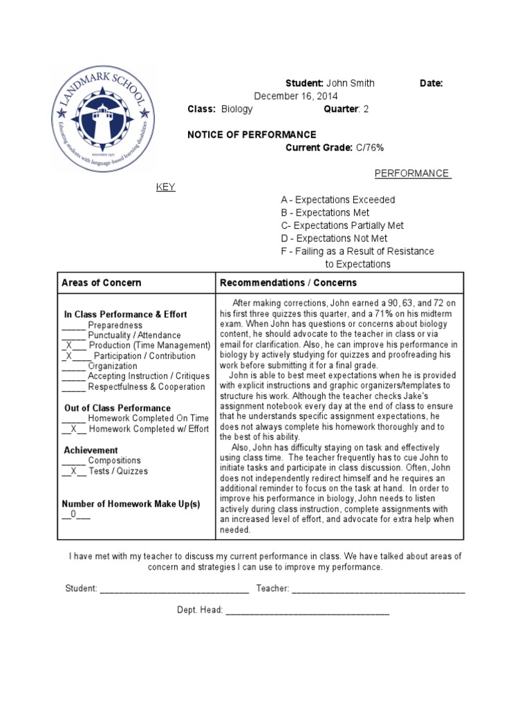 John Smith's Biology Performance Review | PDF | Self-Improvement