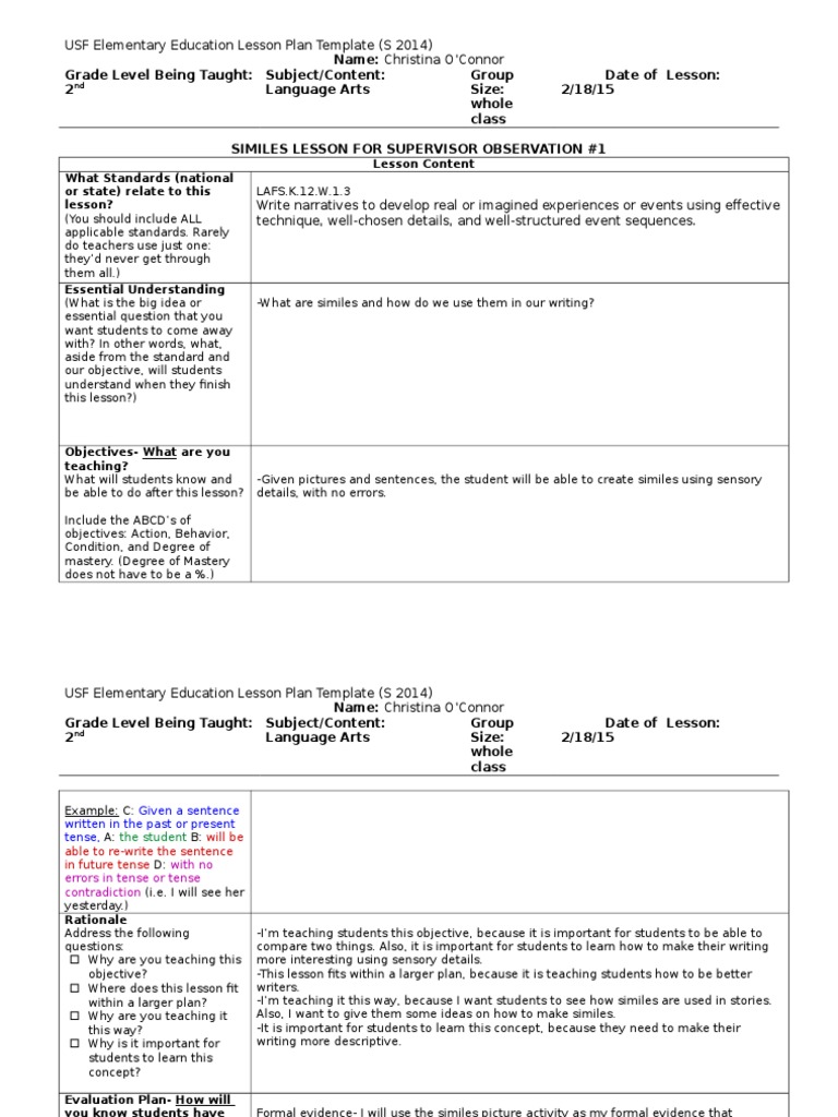Similes Lesson Plan for 2nd Grade | PDF | Lesson Plan ...