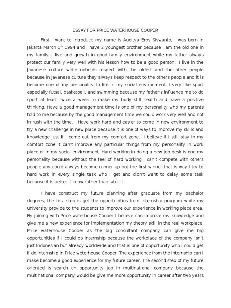 Essay For Price Waterhouse Cooper PDF Internship Job Hunting
