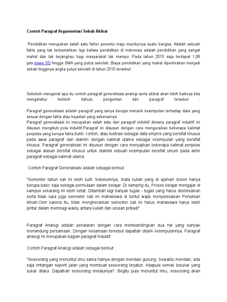 Contoh Paragraf Argumentasi Sebab Akibat