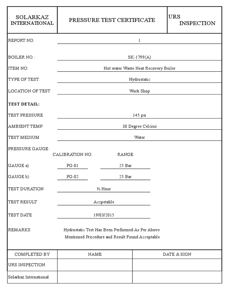 Pressure Test Certificate Solarkaz URS Inspection: International | PDF ...