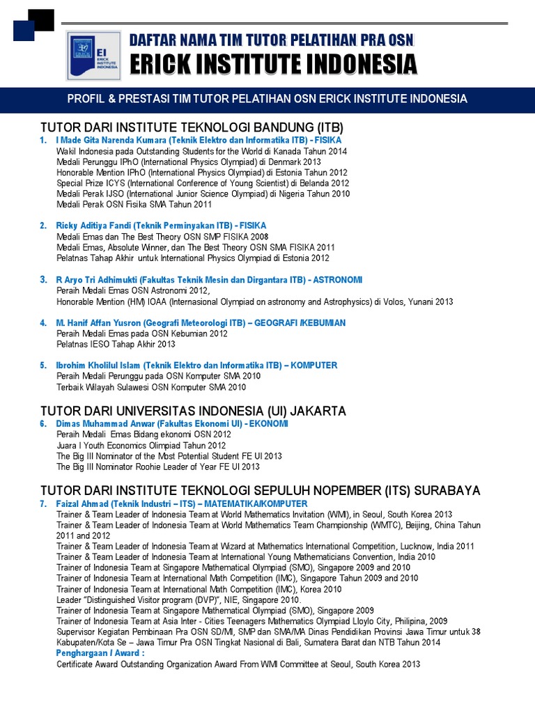 Nama Tim Tutor Pelatihan Pra Osn Ei 2015