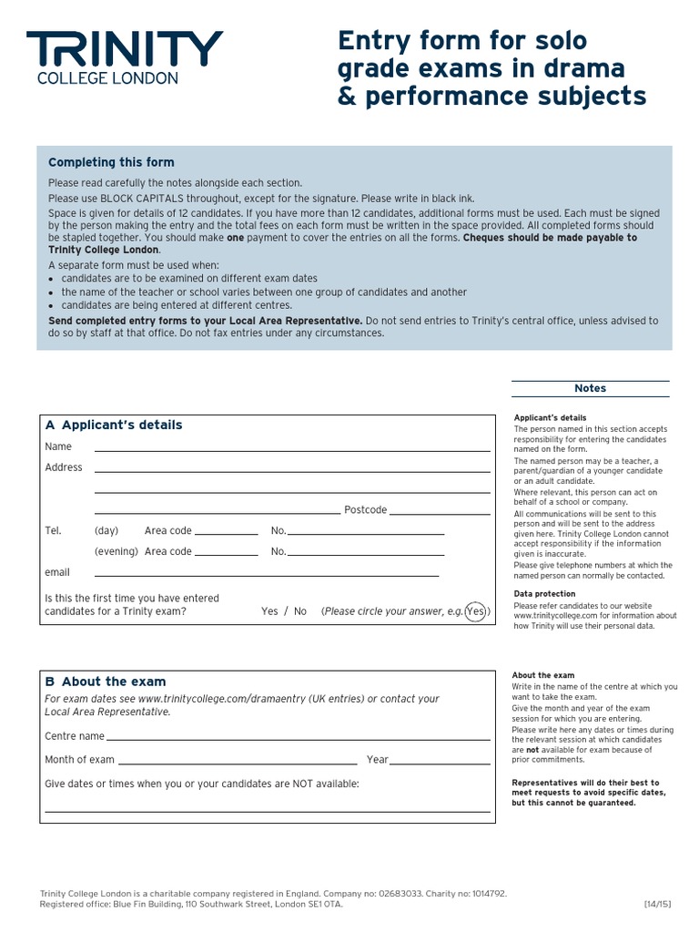 Trinity Entry Form Solo Grade Exams in Drama & Performance | PDF ...