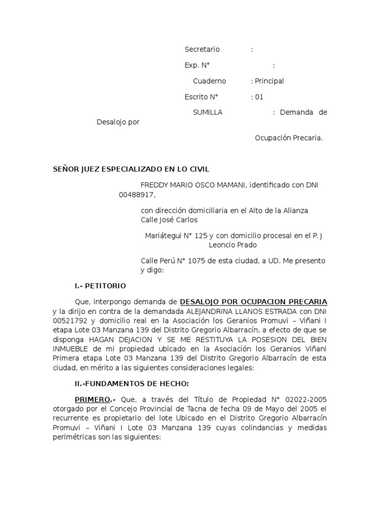 DEMANDA DE DESALOJO POR OCUPACION PRECARIA DPC1.docx Posesión (Ley