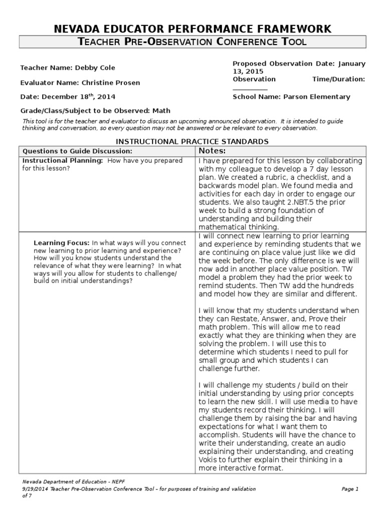 Cole Pre Observation | PDF | Teachers | Lesson Plan