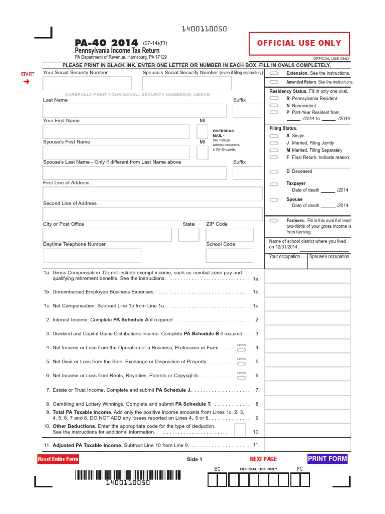 Pennsylvania Tax Return Official Use Only PDF Social