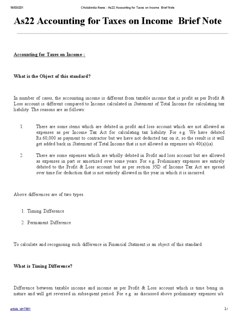 As-22 Accounting For Taxes On Income - Brief Note | PDF | Deferred Tax ...