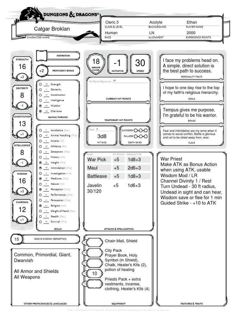 D&D Cleric Pregen Dungeons & Dragons Role Playing Games