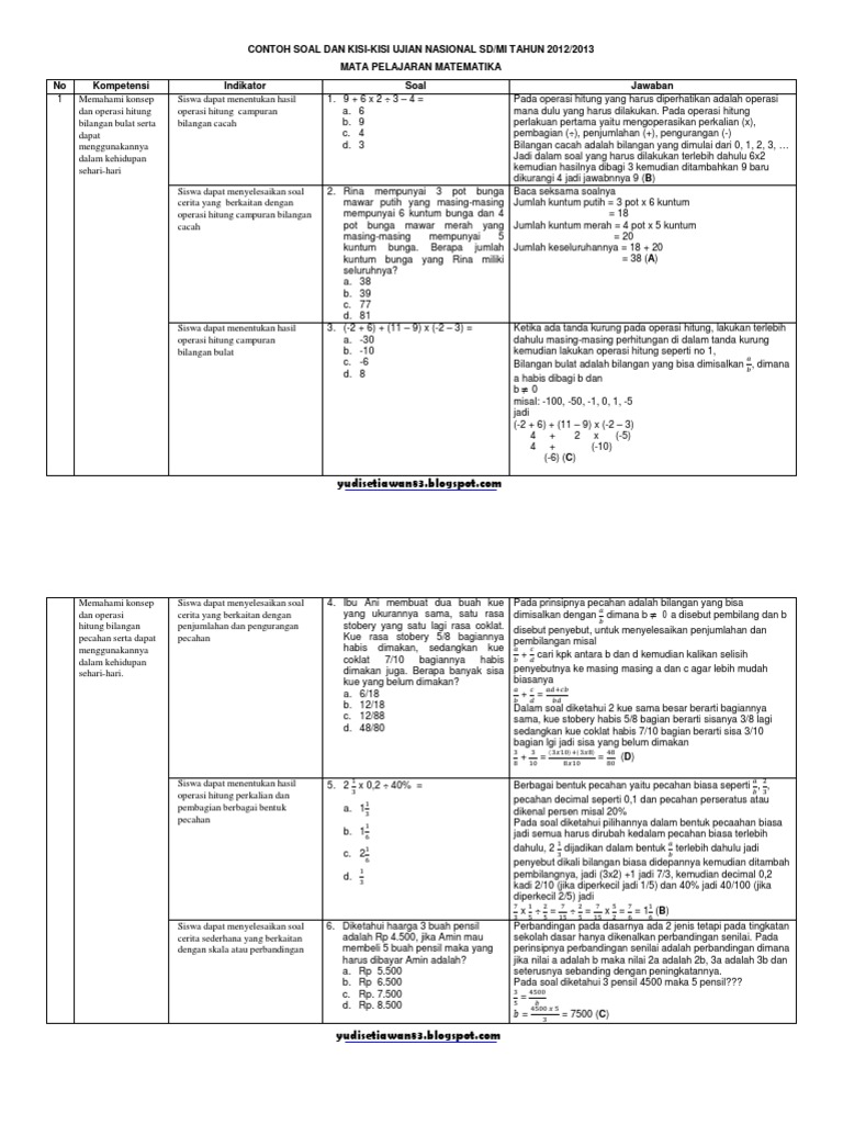 Kisi Kisi, Contoh Soal Dan Kunci Jawaban Matematika UN Kelas 6 PDF | PDF
