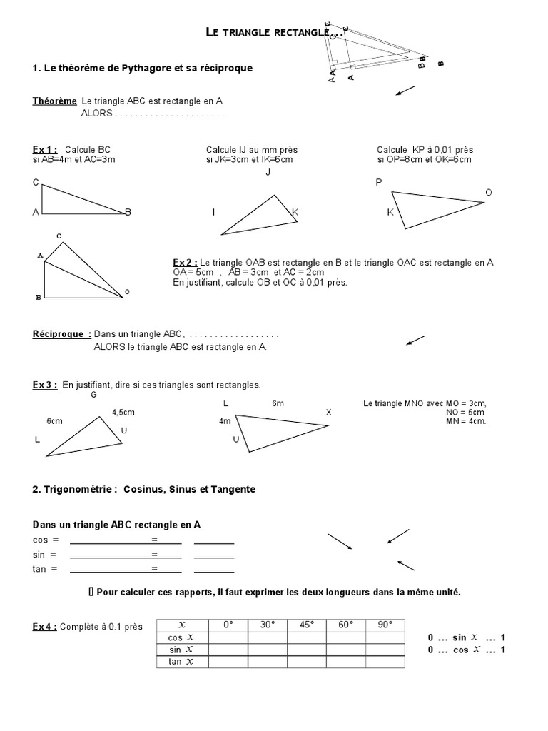 Réciproque De Pythagore Exercices Corrigés Pdf 3eme Theoreme Pythagore Trigonometrie JeuSetEtMaths | PDF | Triangle |  Cercle