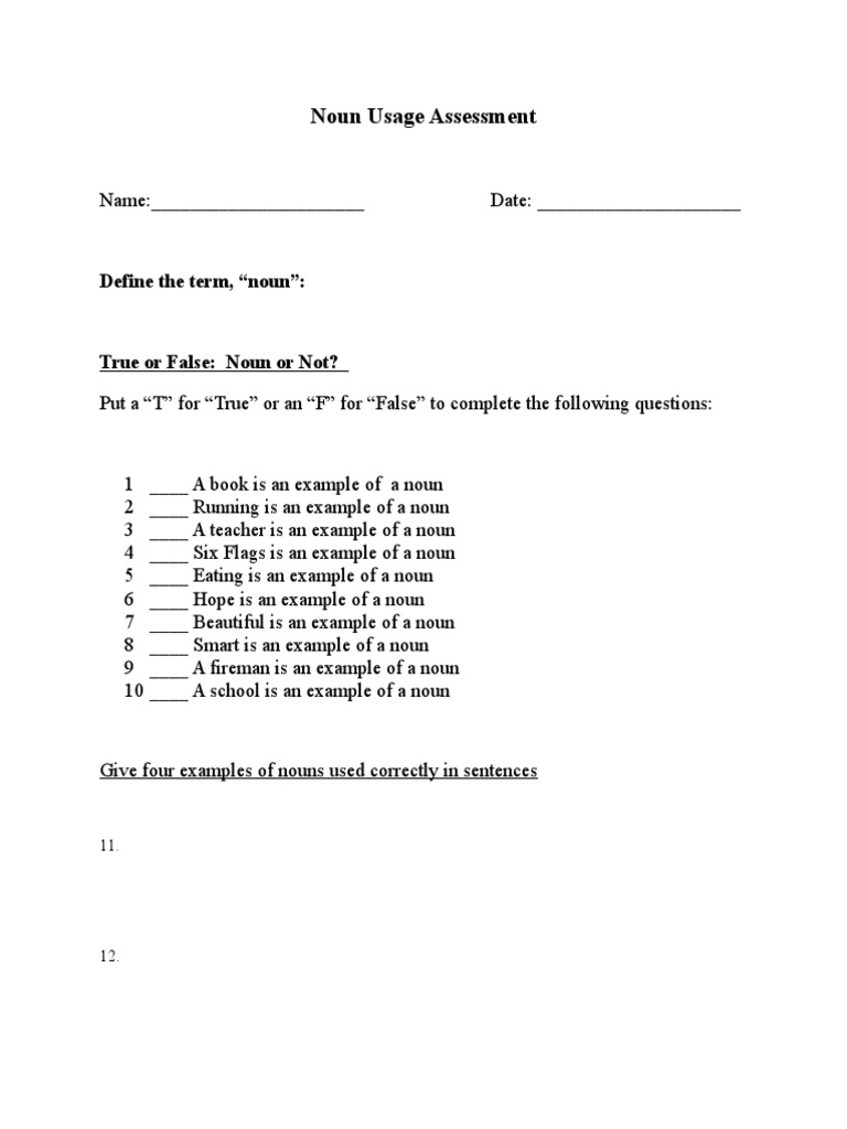 Noun Usage Assessment Worksheet | PDF | Language Arts & Discipline ...