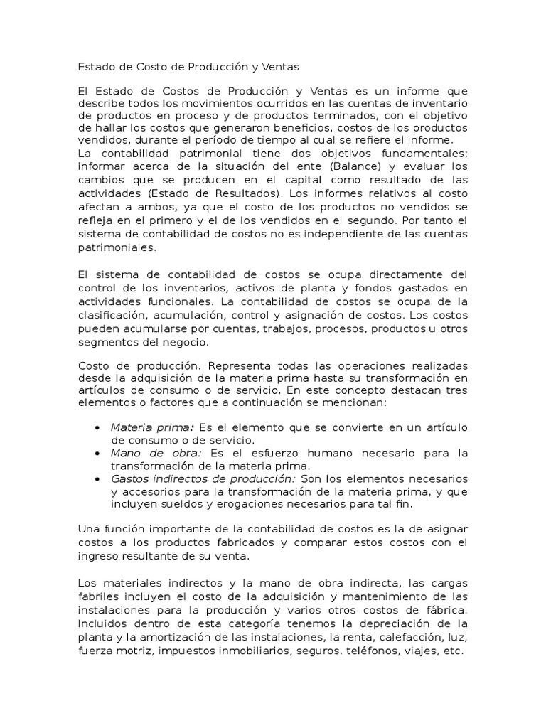 Estado de Costo de Producción y Ventas | PDF | Costo | Contabilidad