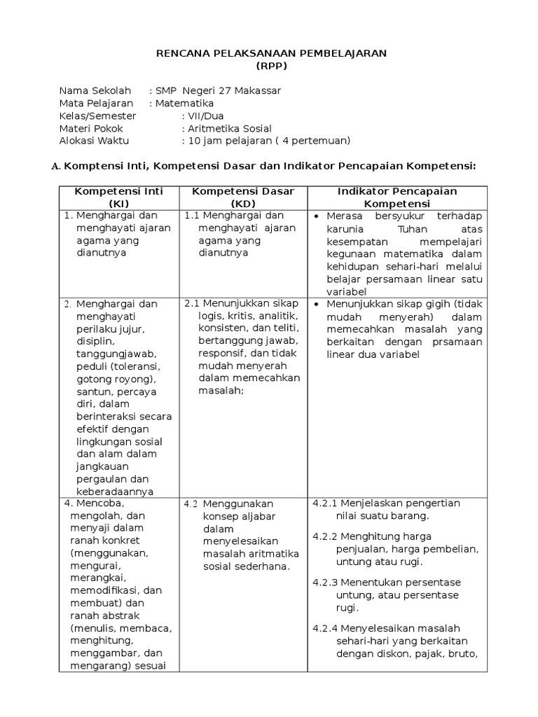 Rpp Aritmetika Sosial