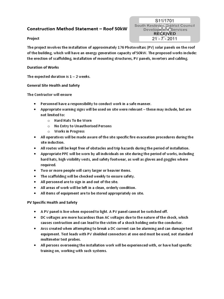 Construction Method Statement Safety | PDF | Photovoltaics | Electrician