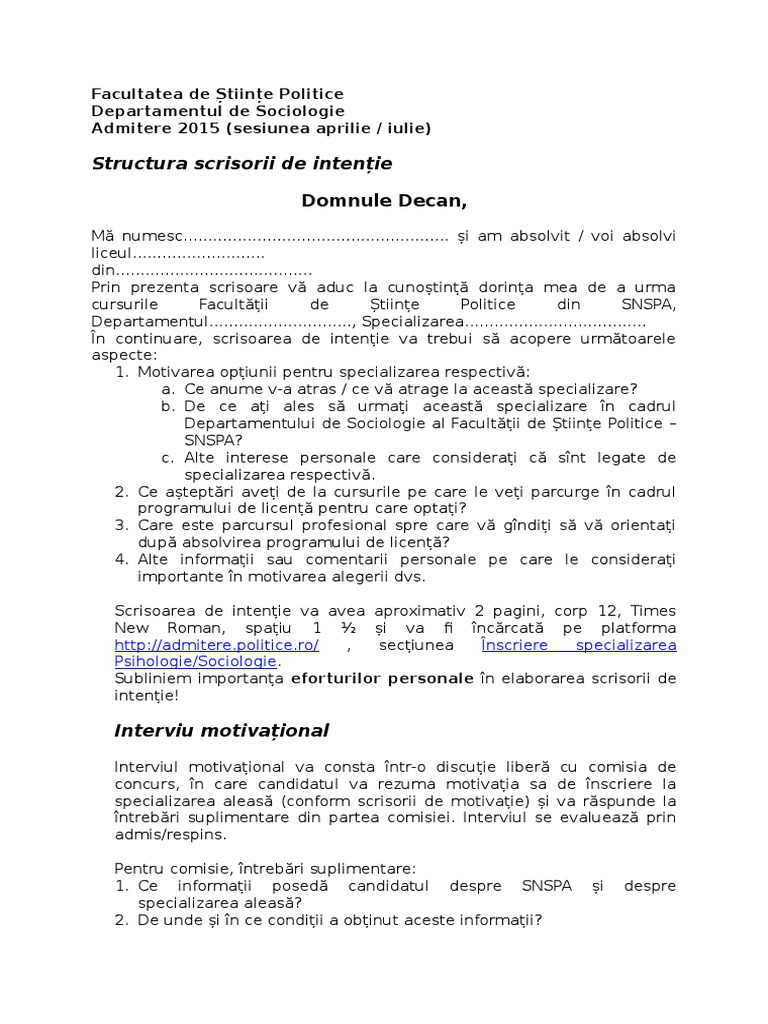 Scrisoare de intentie Sociologie-Psihologie S