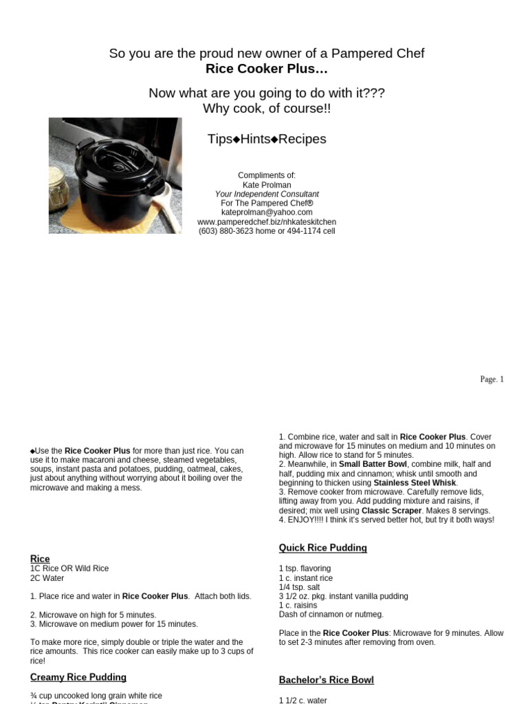 Pampered Chef Rice Cooker Plus Recipes PDF Cakes Potato