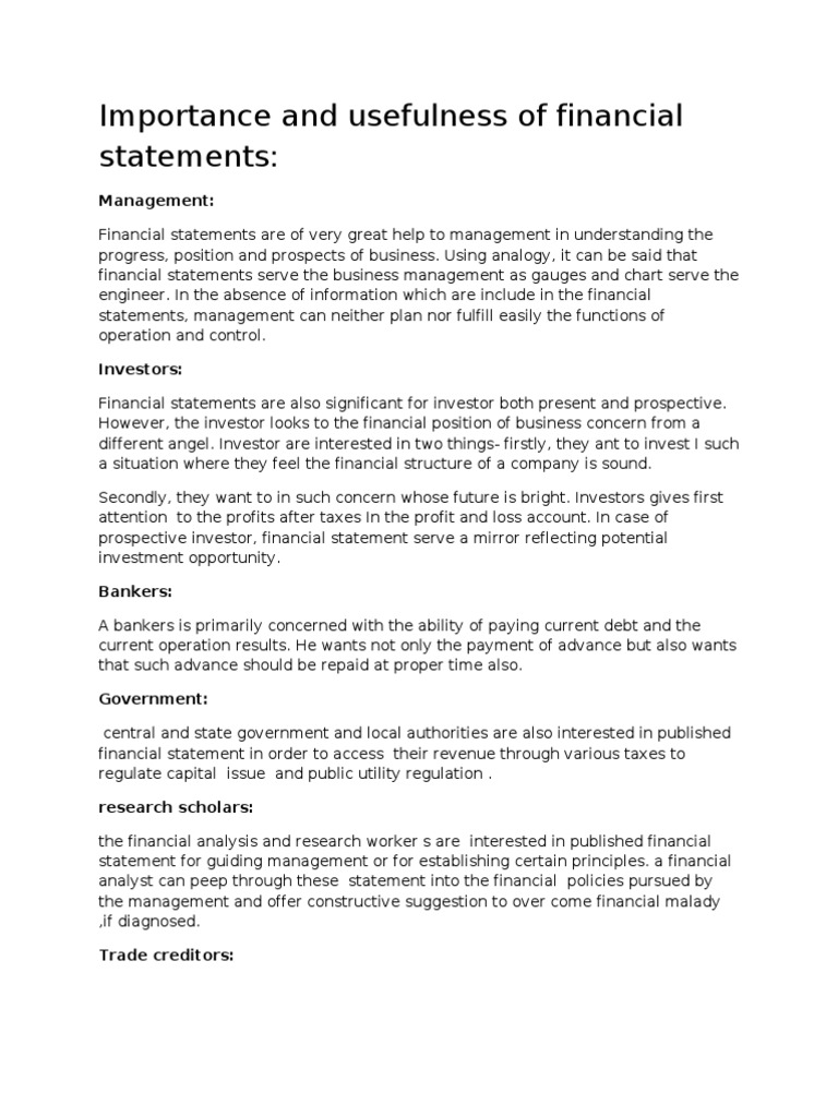 Importance And Usefulness Of Financial Statements Pdf Financial Statement Investor