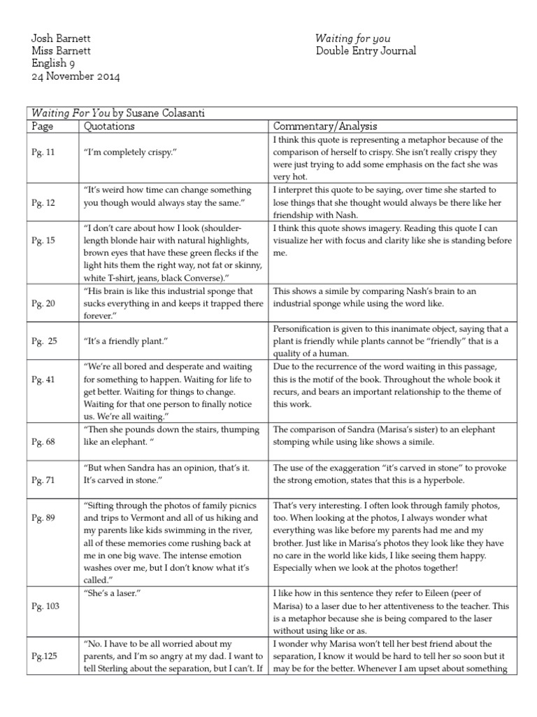 Double Entry Journal: Analysis of Quotes | PDF | Poetry