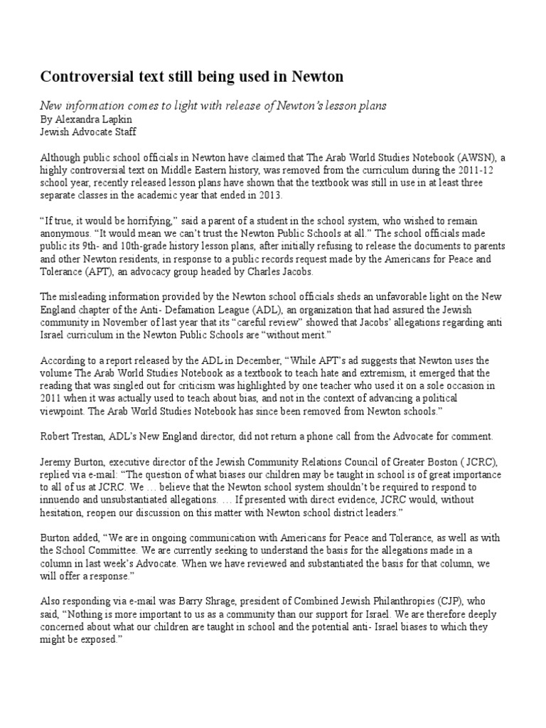 Newton Schools' Controversial Text Use | PDF | Anti Defamation League ...