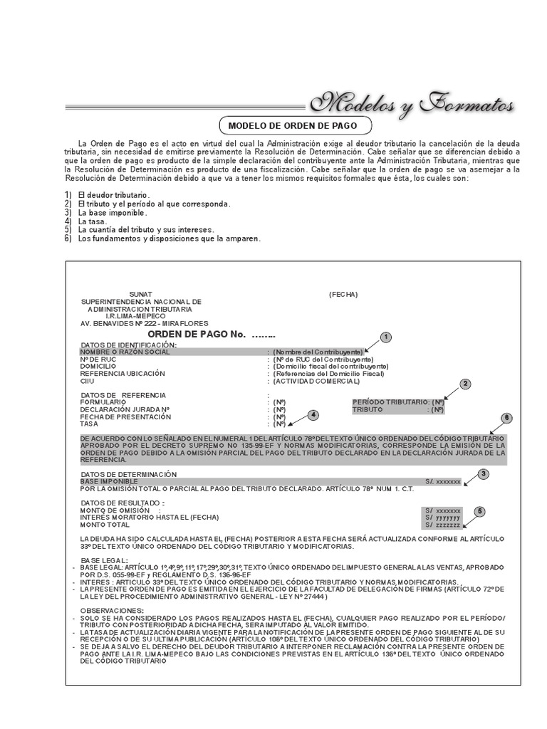 Modelos de Orden de Pago SUNAT | PDF | Pagos | Gobierno