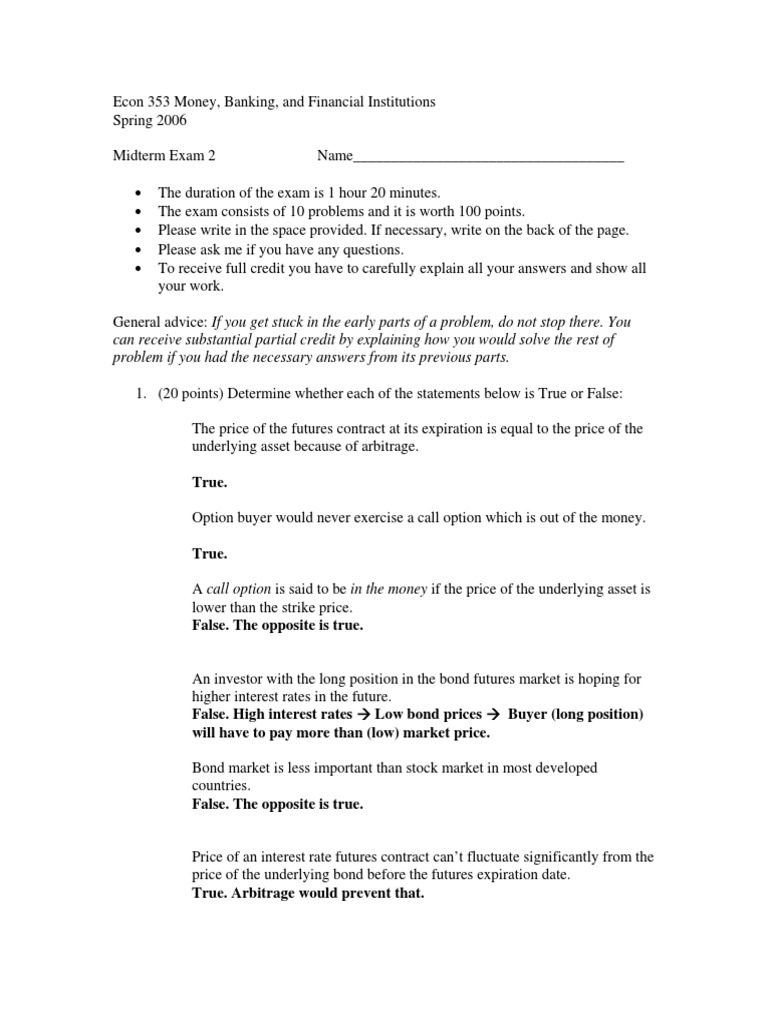 Midterm Exam: Money and Banking Concepts | PDF | Option (Finance ...