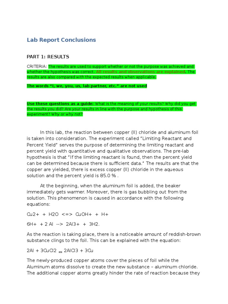 Lab Report Conclusions PDF Chemical Reactions Aluminium