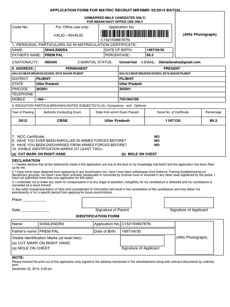 Indian Navy MR/NMR 2015 Application Form | PDF | Law
